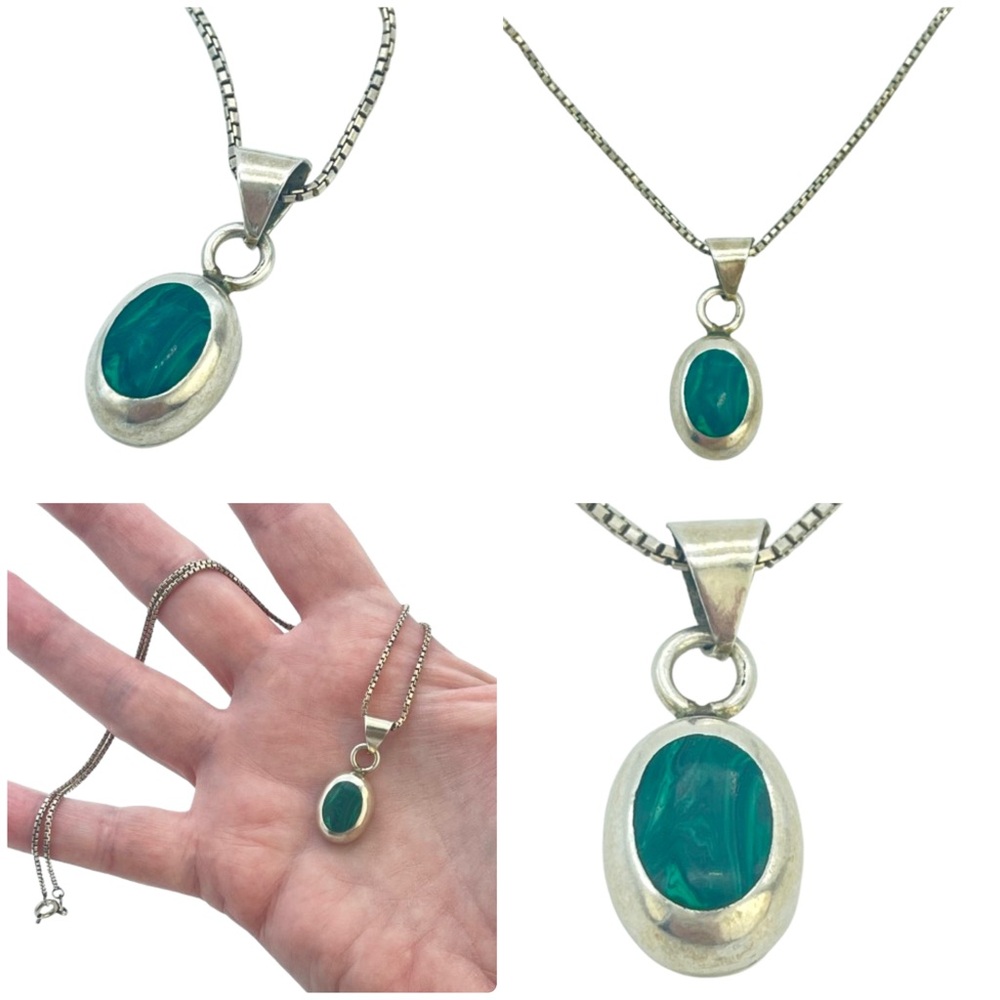 Vintage Silver Green Oval Malachite Pendant & Necklace 925 Sterling Jewelry